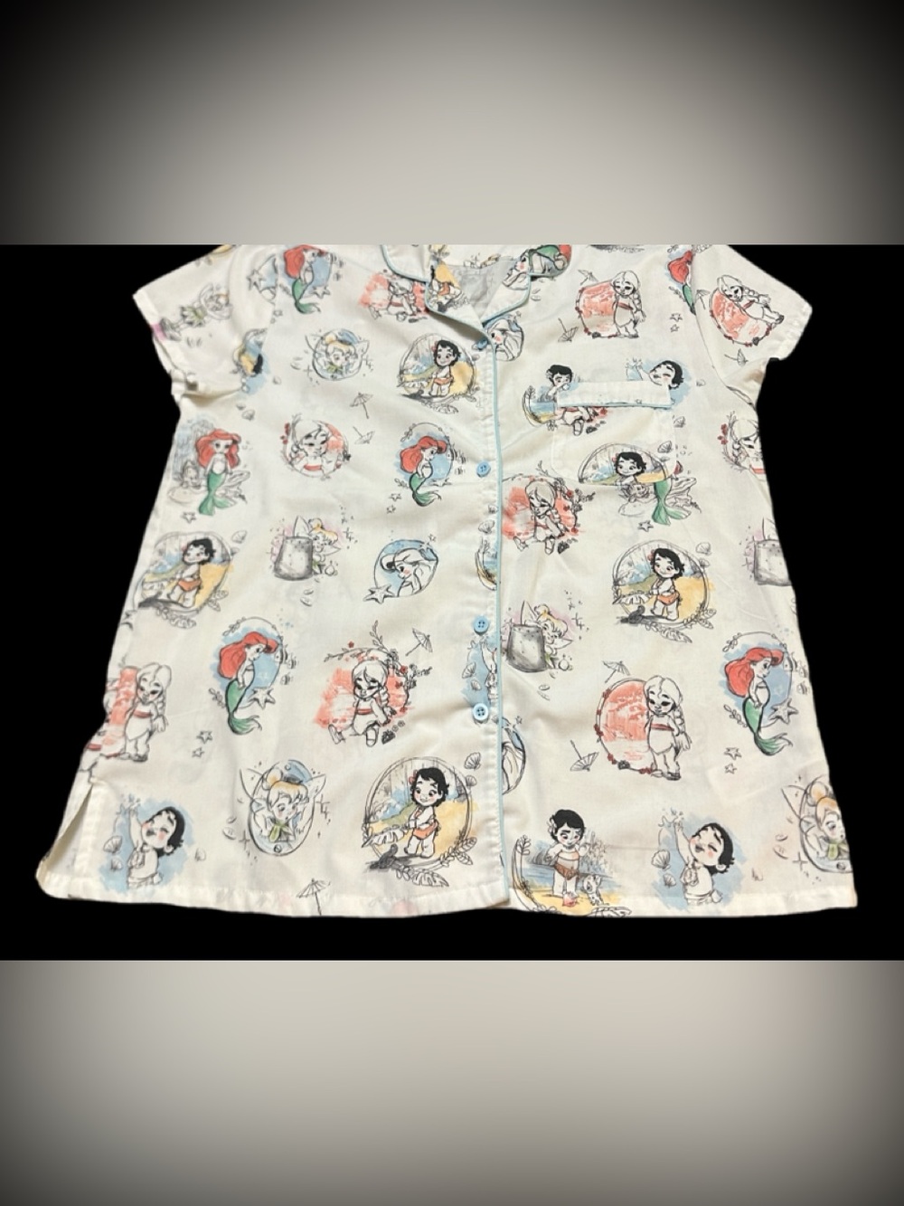 Disney Cream Short Sleeve Top with Multicolor Princess & Mermaid Sketches M